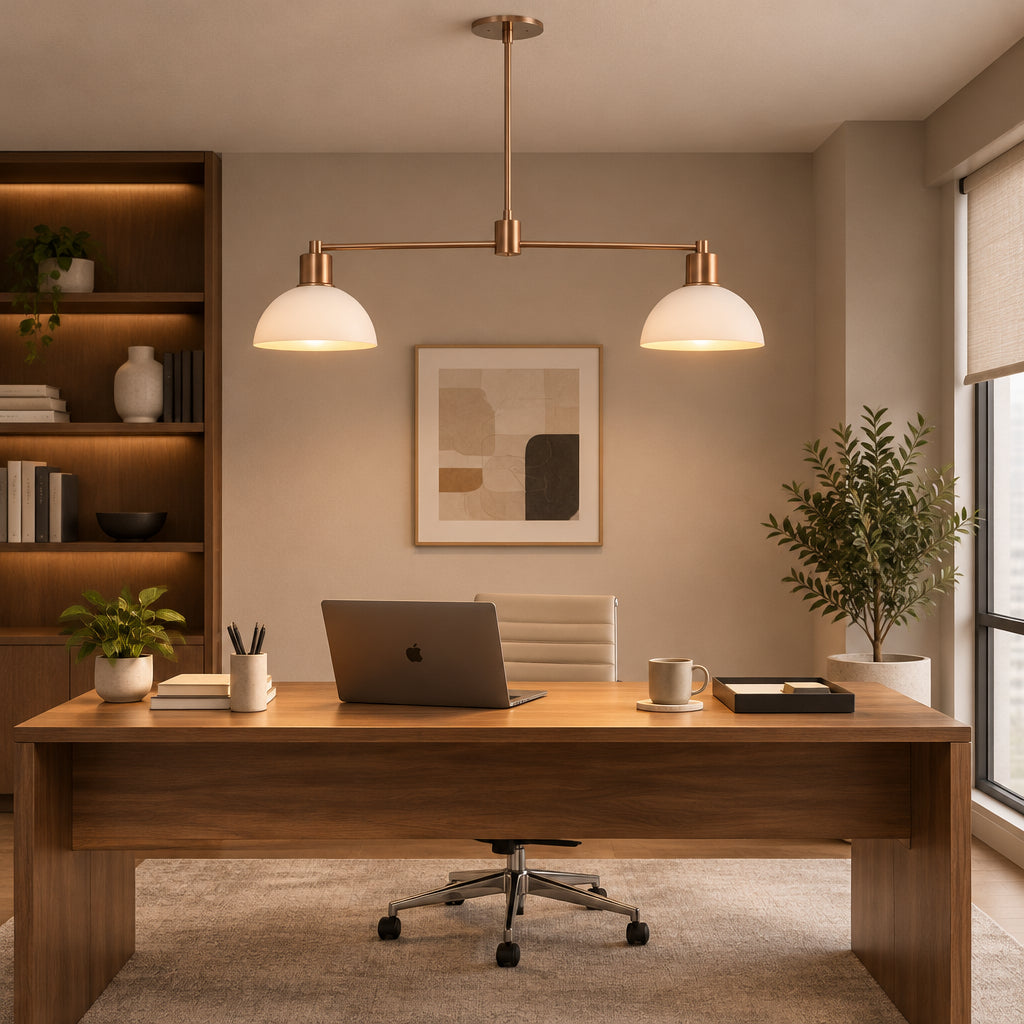 Full front view of Capri 2 light Mid-Century Modern chandelier with symmetrical white dome shades, bronze-tone metal arms, and a round ceiling canopy.