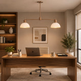 Full front view of Capri 2 light Mid-Century Modern chandelier with symmetrical white dome shades, bronze-tone metal arms, and a round ceiling canopy.