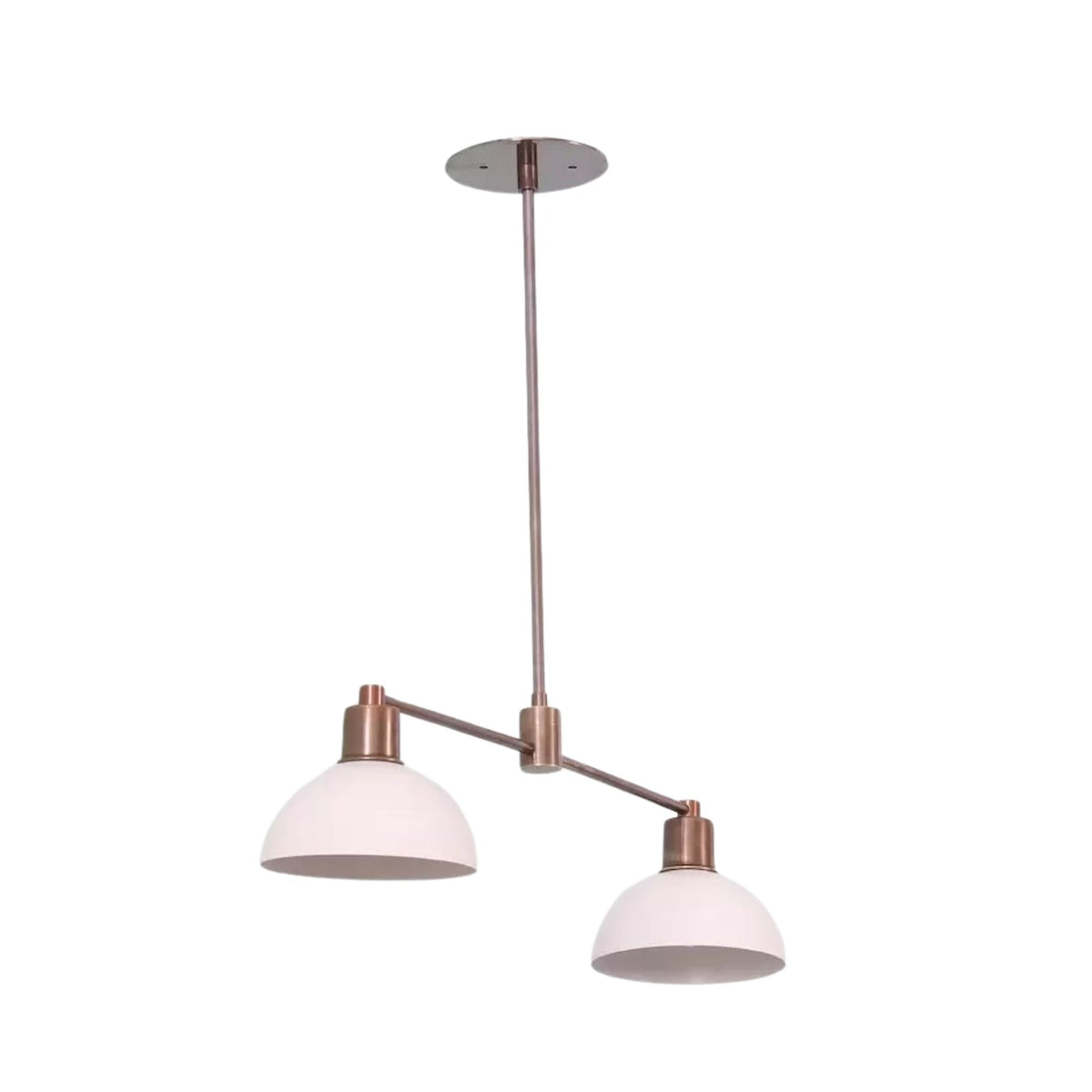 Side angled view of Capri 2 light pendant chandelier featuring two white dome shades, a slim bronze-tone suspension rod, and a linear arm design.