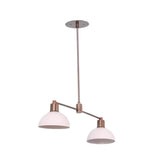 Side angled view of Capri 2 light pendant chandelier featuring two white dome shades, a slim bronze-tone suspension rod, and a linear arm design.
