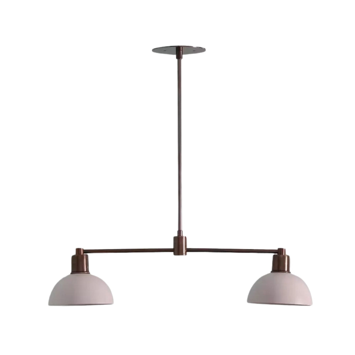 Straight front view of Capri 2 light linear chandelier highlighting its balanced horizontal silhouette, white metal dome shades, and bronze-tone finish.