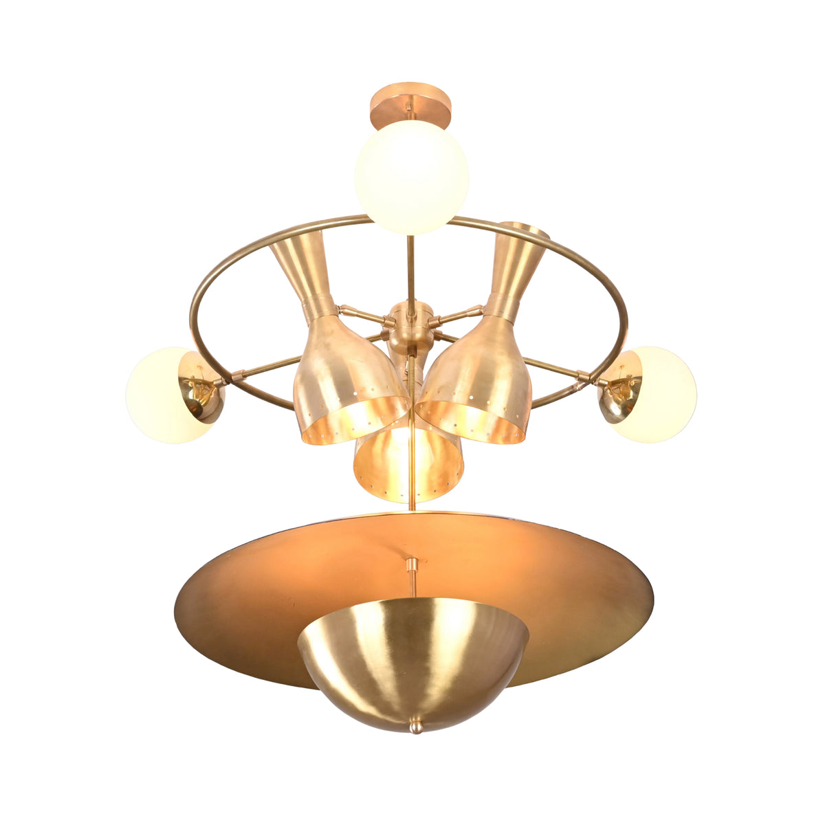Capri Globe Disc Chandelier close product view with glowing globe lights, bottle shades, and layered disc detail.