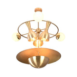 Capri Globe Disc Chandelier close product view with glowing globe lights, bottle shades, and layered disc detail.