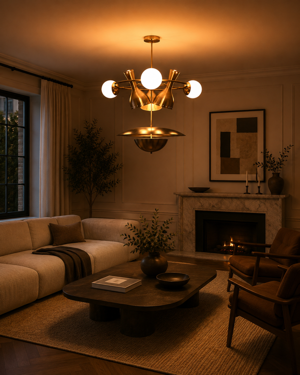 Capri Globe Disc Chandelier styled in a modern living room with warm lighting and elegant interior décor.