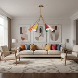 Capri 6 light sculptural chandelier with orange, yellow, blue, green, red, and pink cone shades arranged on brass-tone arms.