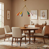 Capri 6 light multicolor tapered cone chandelier with brass-tone frame shown from the front on a white background.