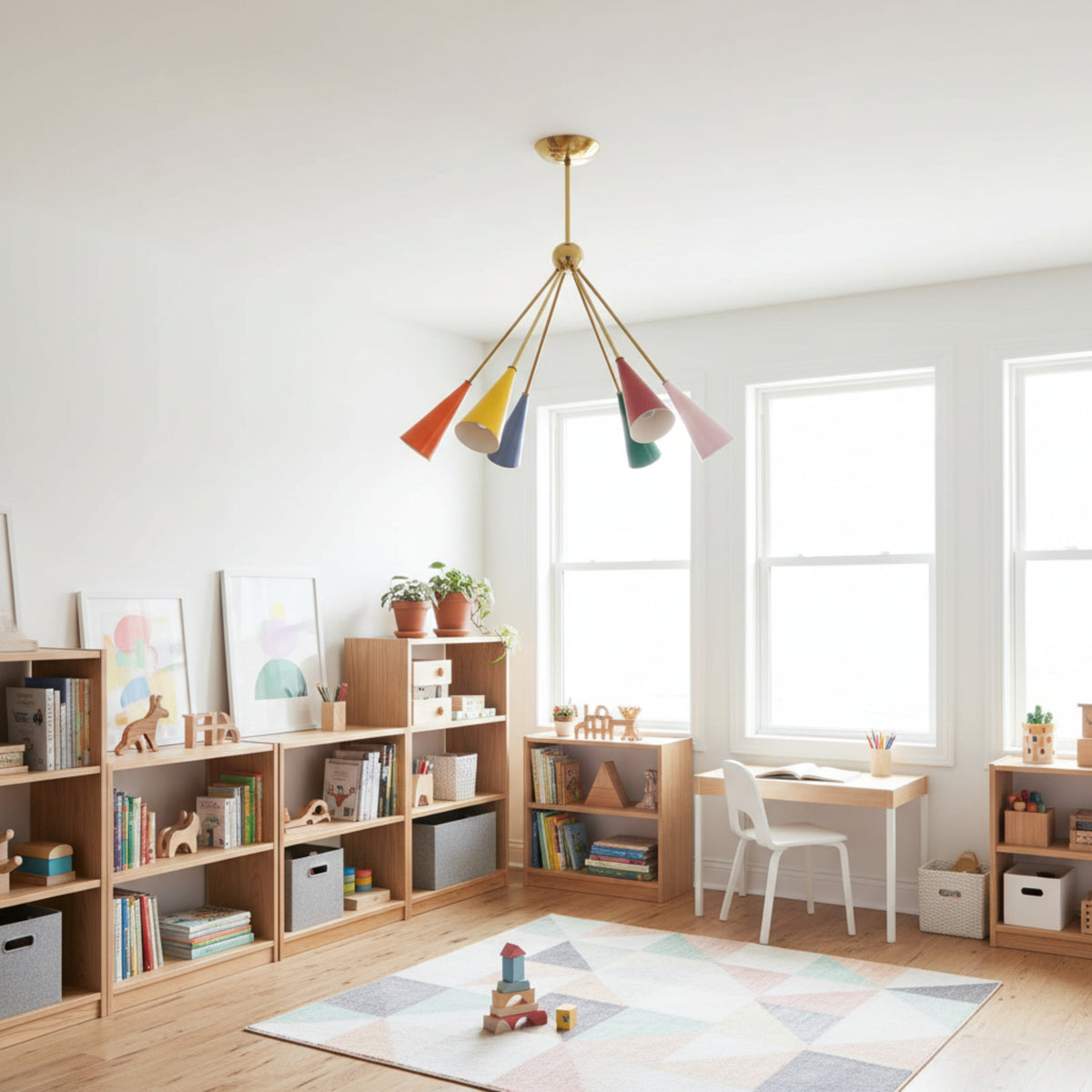 Capri 6 light brass-tone chandelier with colorful elongated tapered cone shades shown in a full product view.