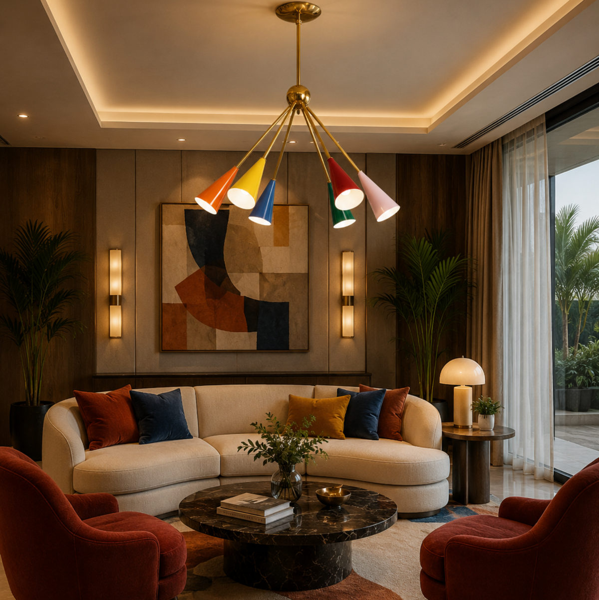 Capri 6 light multicolor Mid-Century Modern chandelier displayed on the ceiling of an elegant contemporary living room.