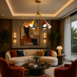 Capri 6 light multicolor Mid-Century Modern chandelier displayed on the ceiling of an elegant contemporary living room.