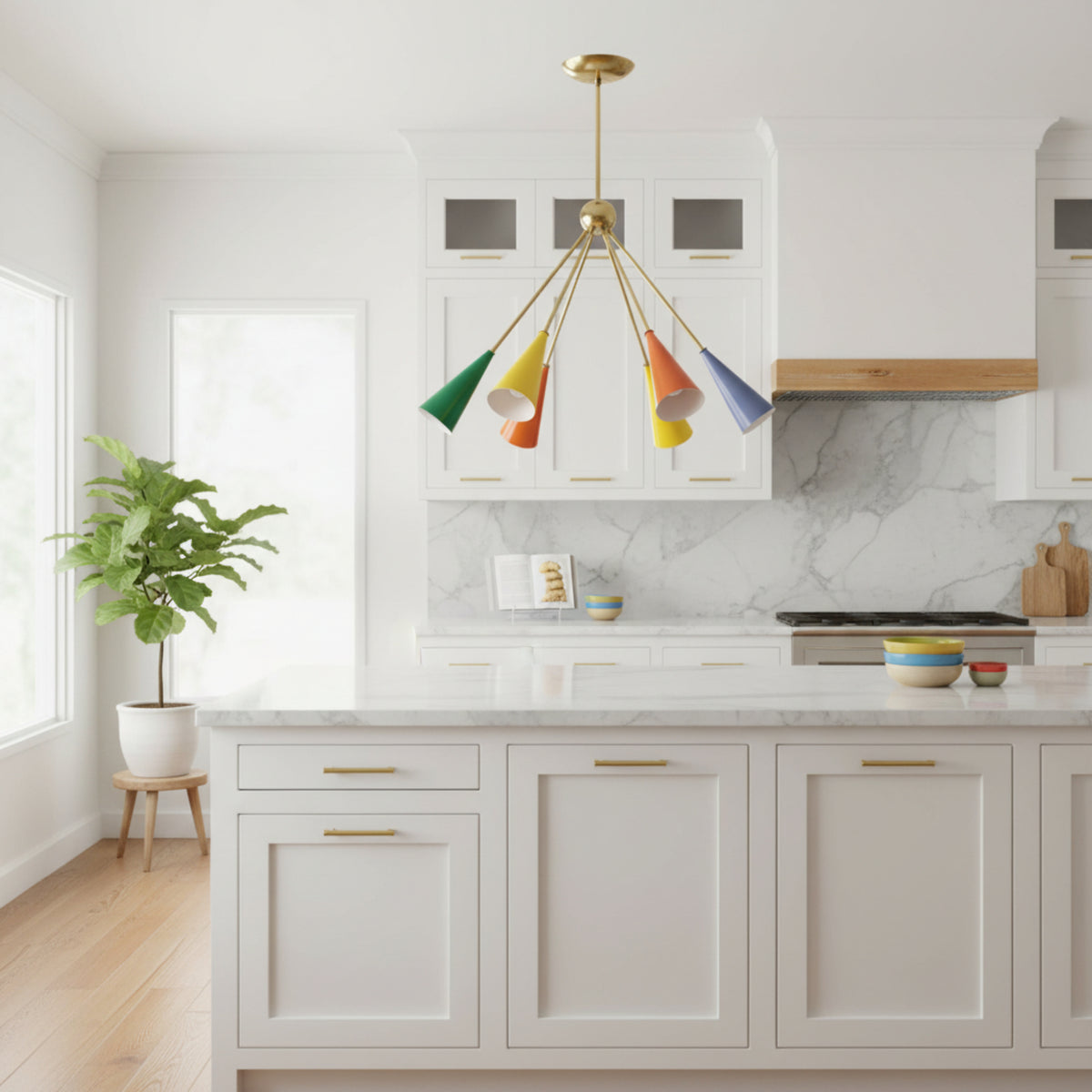 Capri 6 light Mid-Century Modern chandelier featuring colorful tapered metal cone shades and a polished brass-tone frame.