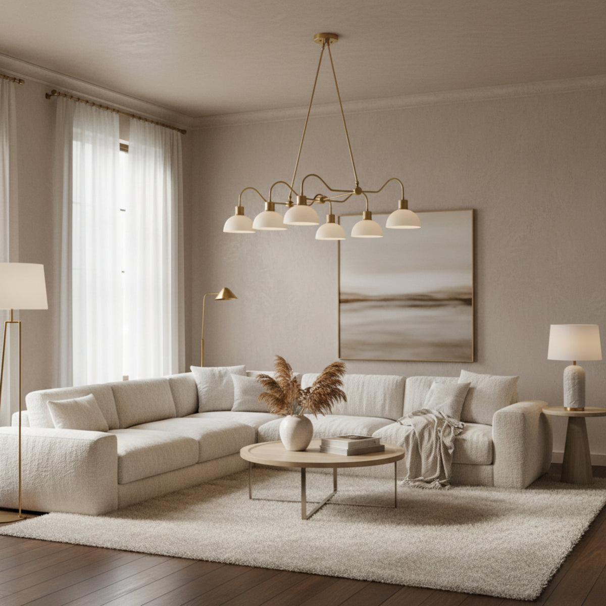 Casablanca 6 light chandelier shown from an angled view highlighting its flowing brass-tone arms and rounded white dome shades.