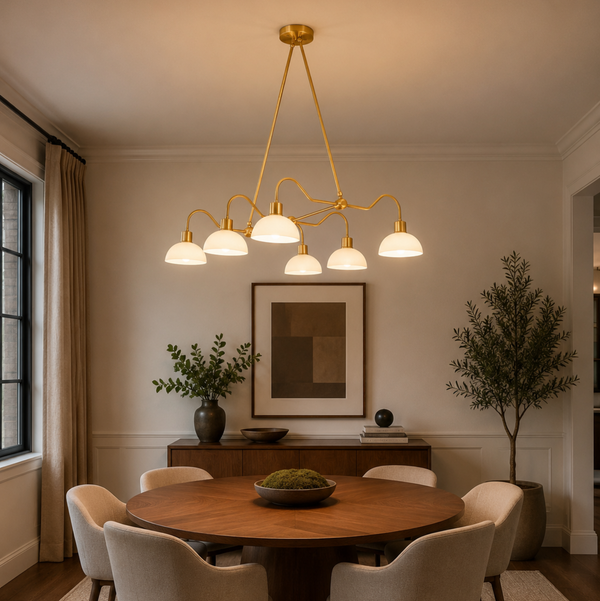 Casablanca 6 light brass-tone chandelier illuminated above a dining table with white dome shades in a warm modern interior.