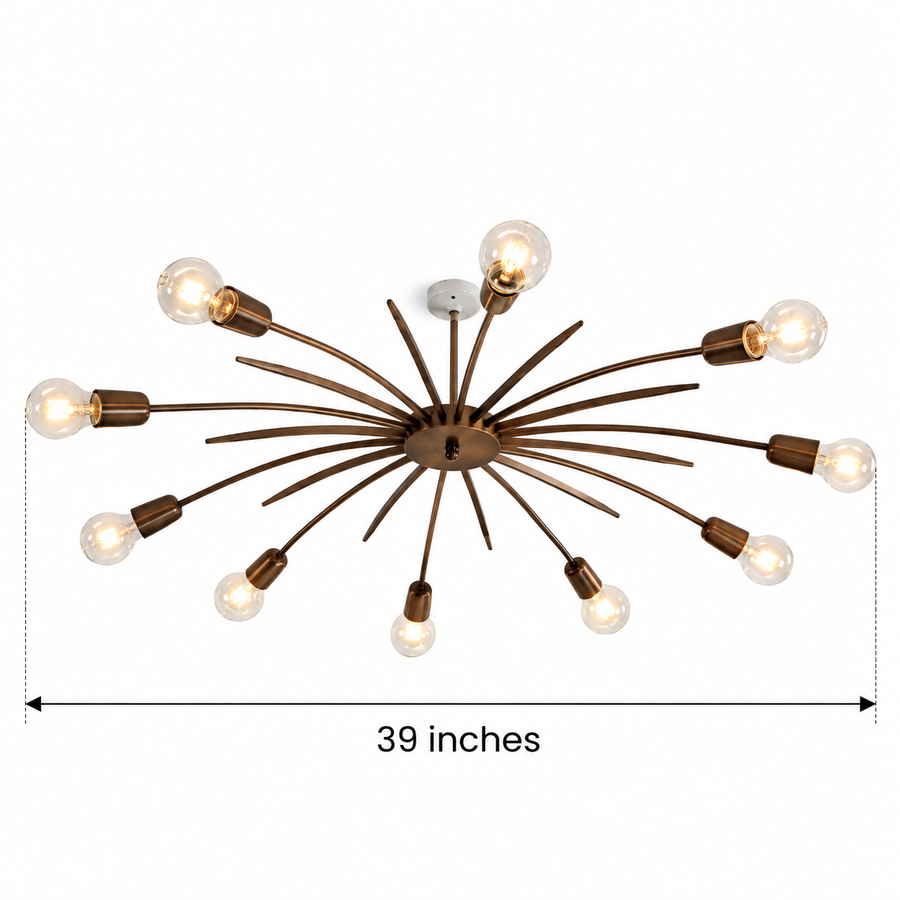 Illuminated Casablanca 10-light bronze Sputnik chandelier above a rectangular walnut dining table with cream upholstered chairs, creating warm ambient lighting in a contemporary dining room.