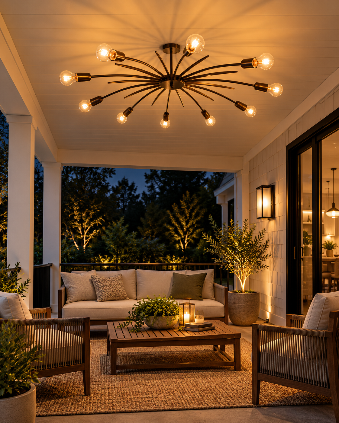 Casablanca 10-light starburst chandelier illuminating a covered patio with neutral outdoor sofas, wooden coffee table, woven rug, and warm evening lighting.