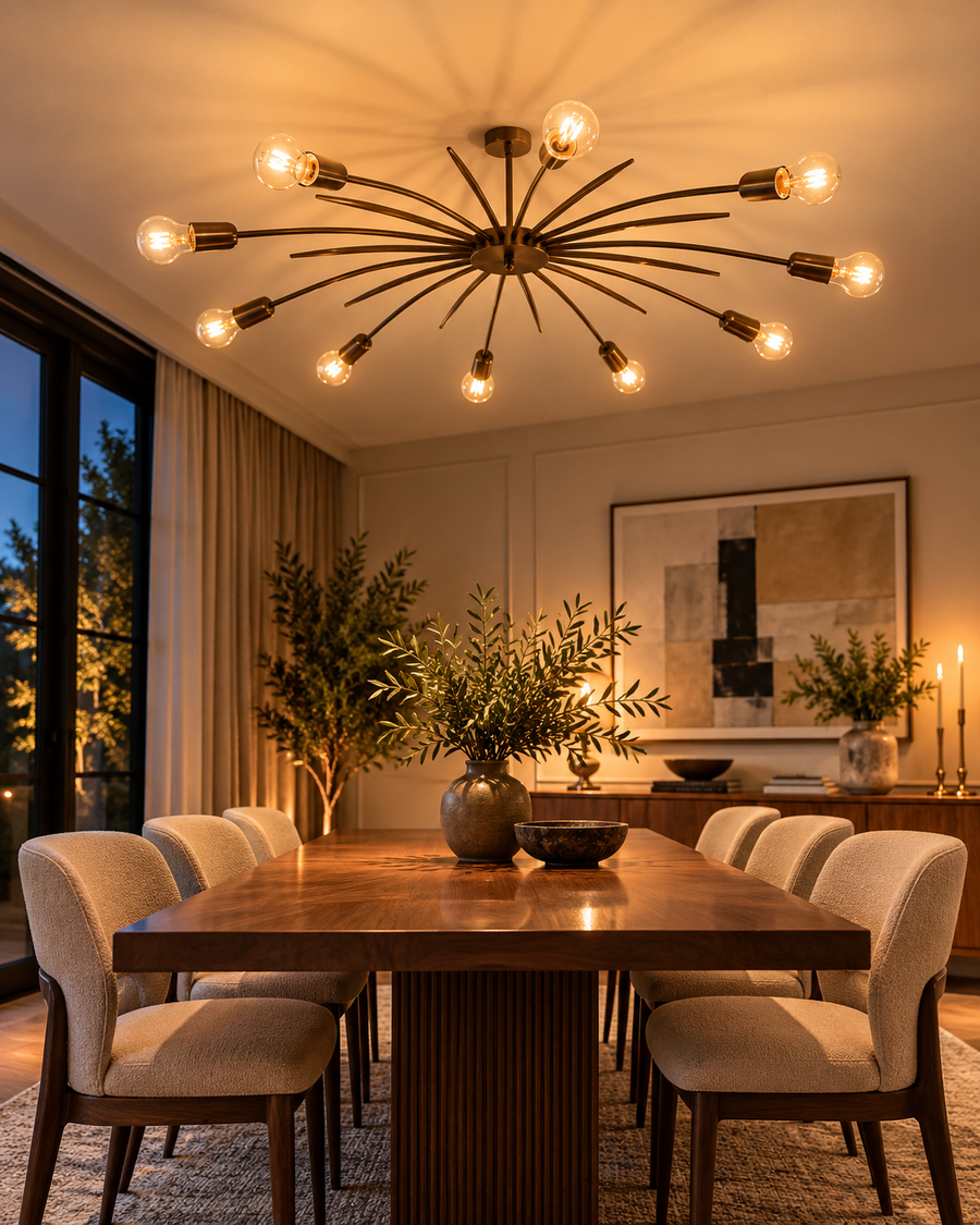 Illuminated Casablanca 10-light bronze Sputnik chandelier above a rectangular walnut dining table with cream upholstered chairs, creating warm ambient lighting in a contemporary dining room.