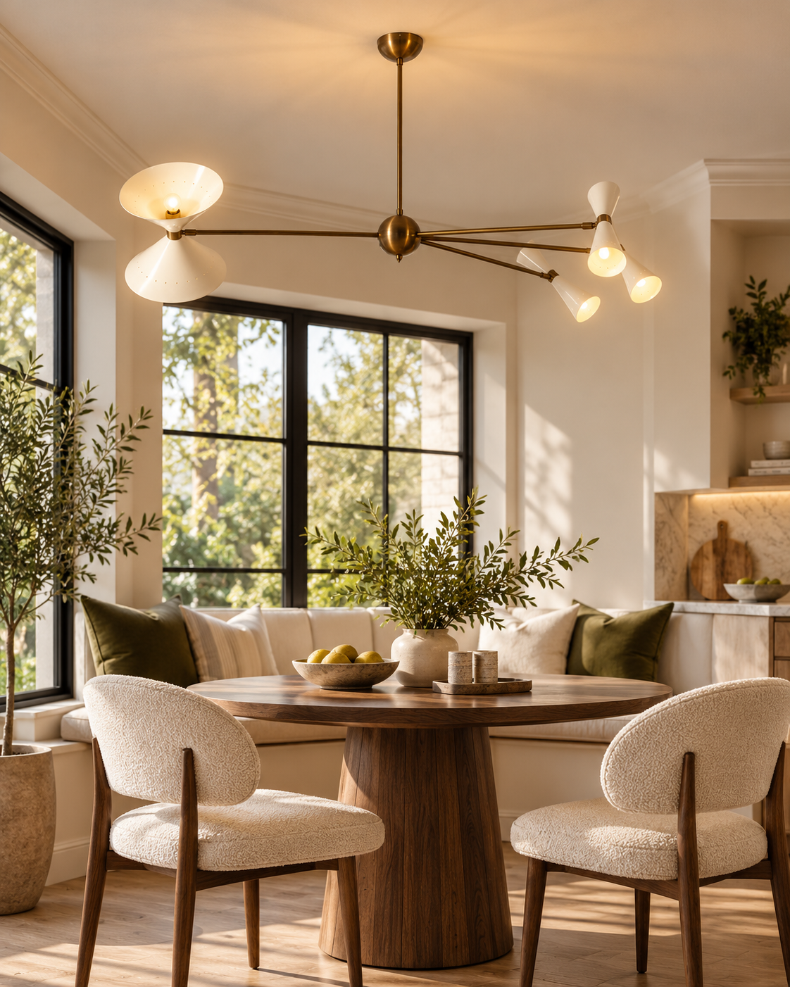 Catania 8-light brass and ivory chandelier hanging above a round walnut breakfast table with cream upholstered chairs, creating warm ambient lighting in a sunlit Mid-Century Modern dining nook.