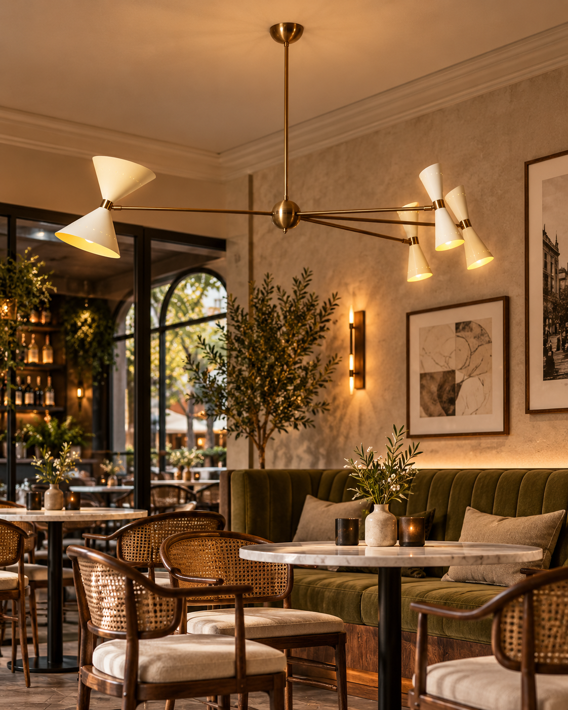 Catania 8-light sculptural ivory cone chandelier illuminating an elegant contemporary café with olive-green banquette seating, marble tables, woven chairs, and warm atmospheric lighting.