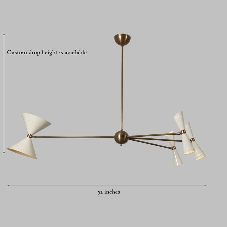 Dimension view of the Catania 8-light Mid-Century Modern chandelier featuring ivory cone shades, asymmetric brass-tone arms, a 52-inch width, and customizable hanging height.