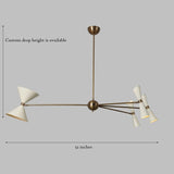Dimension view of the Catania 8-light Mid-Century Modern chandelier featuring ivory cone shades, asymmetric brass-tone arms, a 52-inch width, and customizable hanging height.
