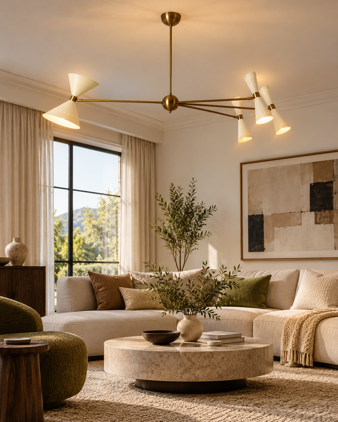 Catania 8-light ivory cone chandelier illuminating a bright modern living room with a cream sectional sofa, round stone coffee table, olive-green accents, and elegant neutral decor.