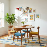 Catania 5 light sculptural chandelier with colorful metal cone shades and curved brass-tone arms shown from an alternate angle.