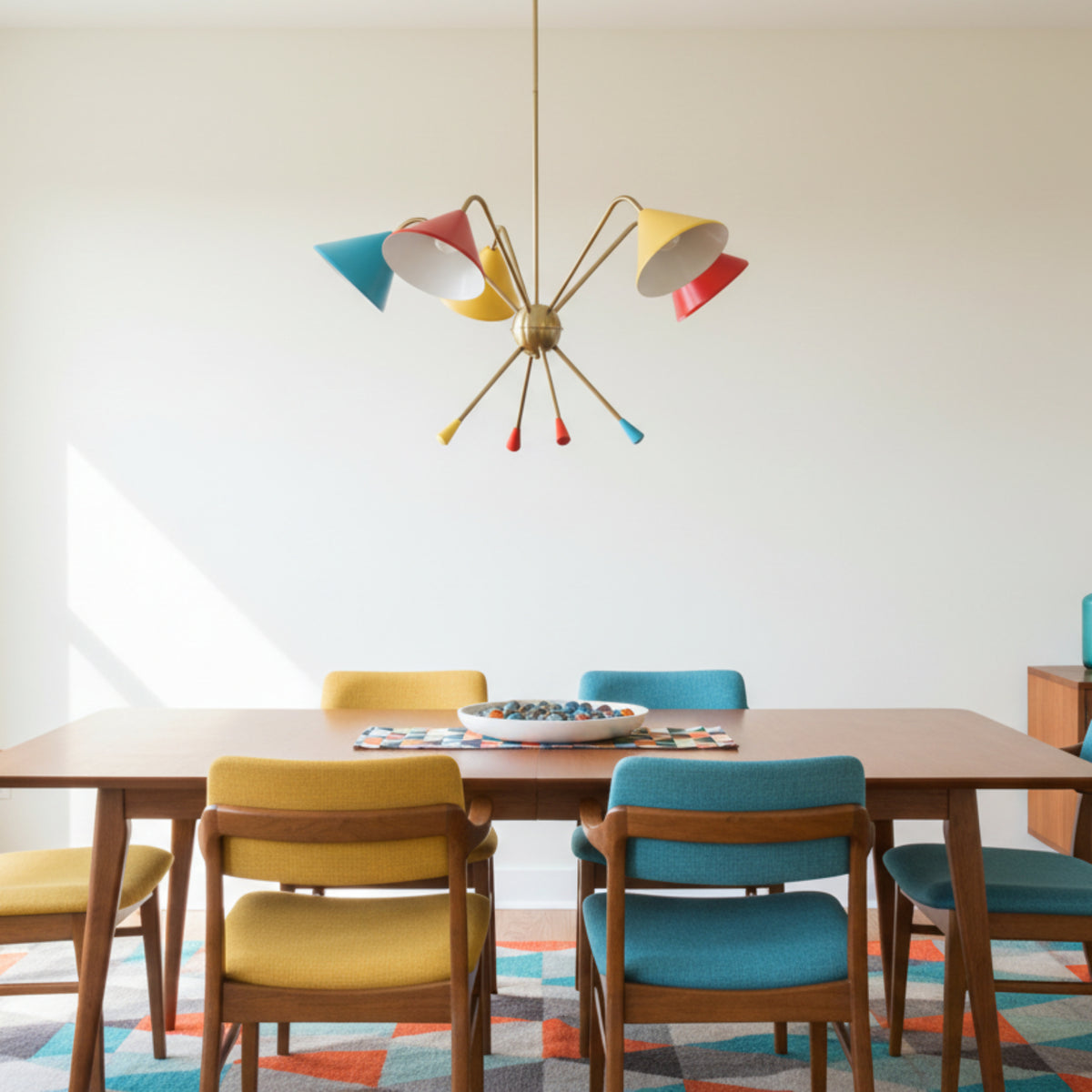Catania 5 light Mid-Century Modern chandelier with colorful cone shades and brass-tone sculptural arms shown from an angled view.