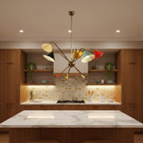 Catania 5 light Mid-Century Modern chandelier featuring multi-color cone shades, curved arms and a brass-tone central frame.