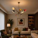 Catania 5 light multi-color Mid-Century Modern chandelier installed in a stylish living room with warm ambient lighting.