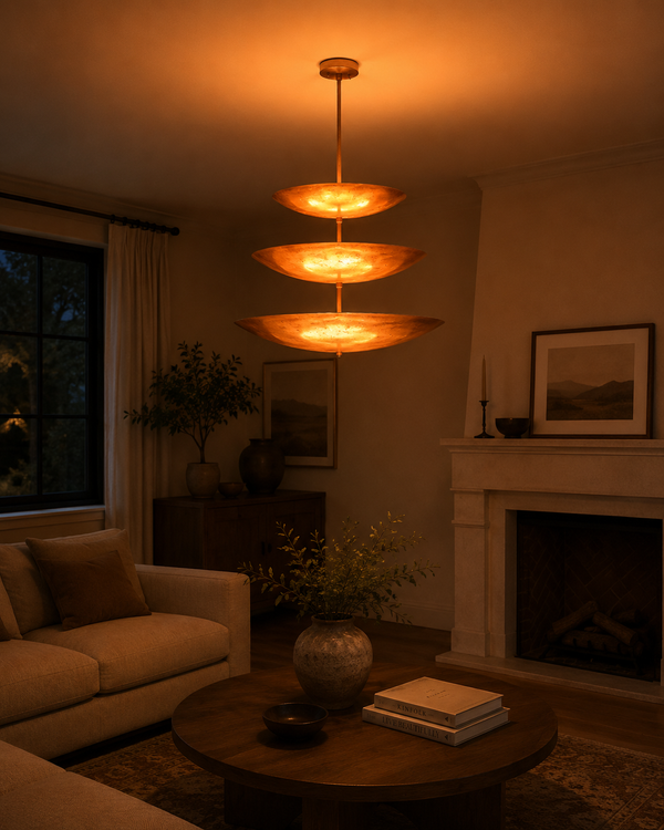 Celeste Triple Saucer Pendant Light installed in a warm living room with soft ambient ceiling glow.