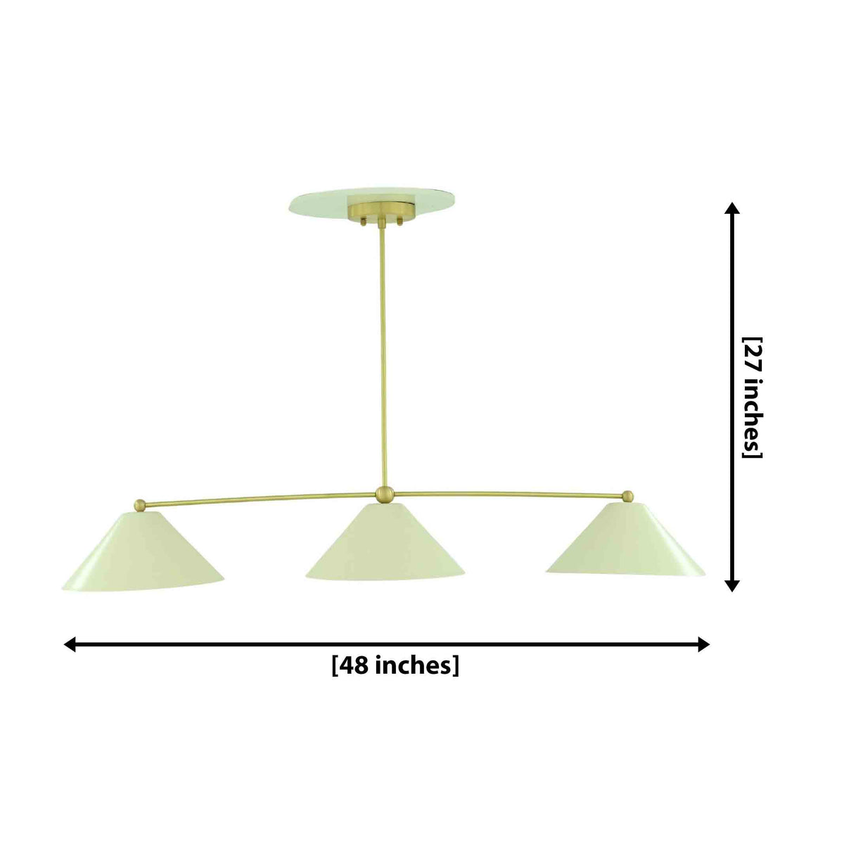 Charleston 3-light linear cone chandelier with ivory metal shades and brass frame, measuring 48 inches wide and 27 inches high.