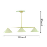 Charleston 3-light linear cone chandelier with ivory metal shades and brass frame, measuring 48 inches wide and 27 inches high.