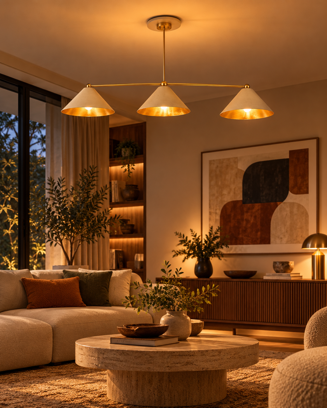  Charleston ivory and brass three-light chandelier illuminating a cozy mid-century living room with neutral sofa, round coffee table, and warm decor.