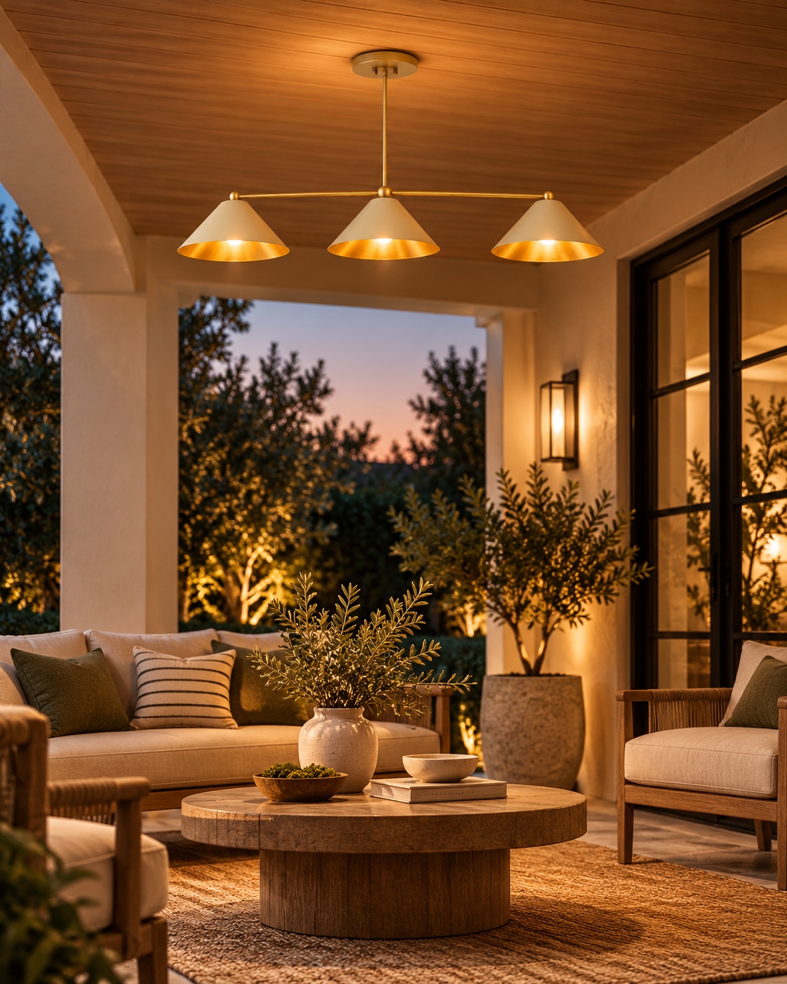 Charleston 48-inch linear cone chandelier suspended above a covered Mediterranean-style porch seating area with warm evening lighting.