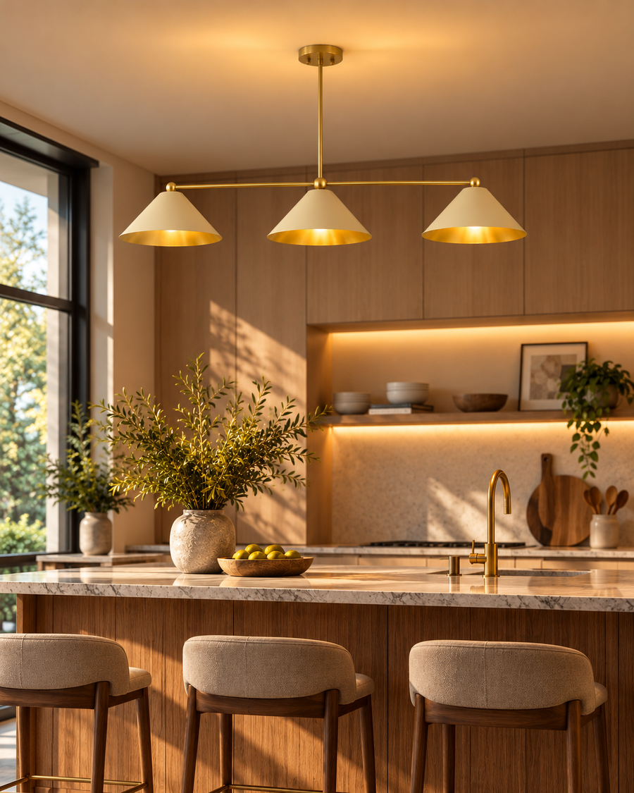 Charleston 3-light brass linear chandelier with ivory cone shades hanging above a marble kitchen island in a warm minimalist kitchen.