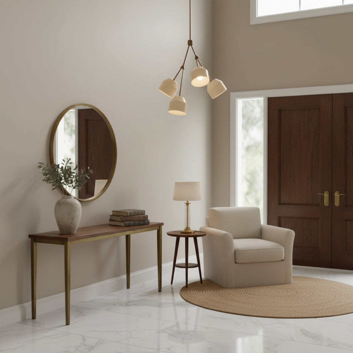 Charleston 4 light cream shade chandelier shown from an alternate angle with slender branching arms and sculptural multi-level design.