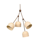 Charleston 4 light Mid-Century Modern chandelier shown from an angled view highlighting cream shades and asymmetrical bronze-tone arms.