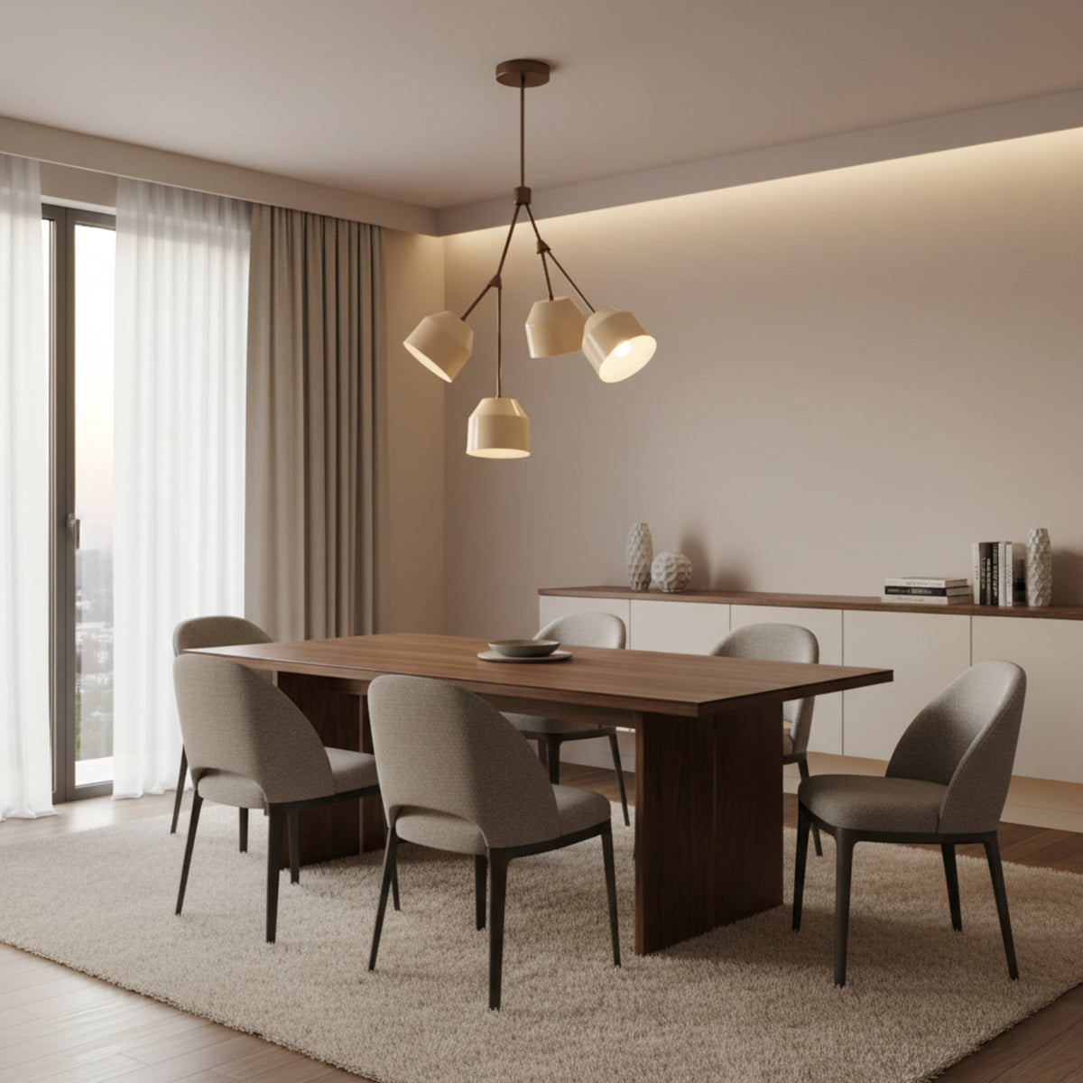 Charleston 4 light sculptural chandelier shown from the front with cream shades and warm bronze-tone branching arms.