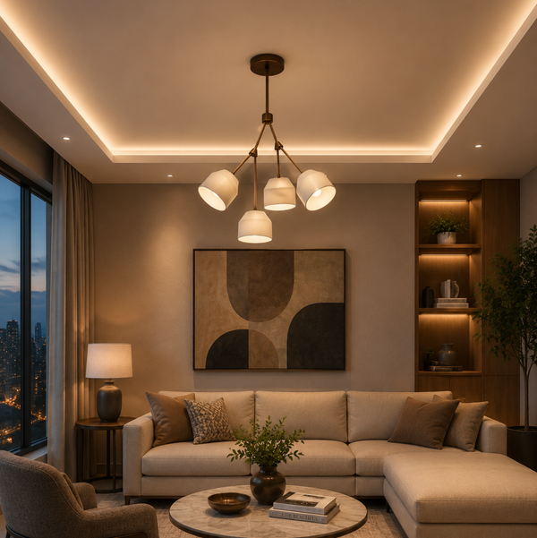 Charleston 4 light cream shade chandelier illuminated in a warm contemporary living room with sculptural bronze-tone branching arms.