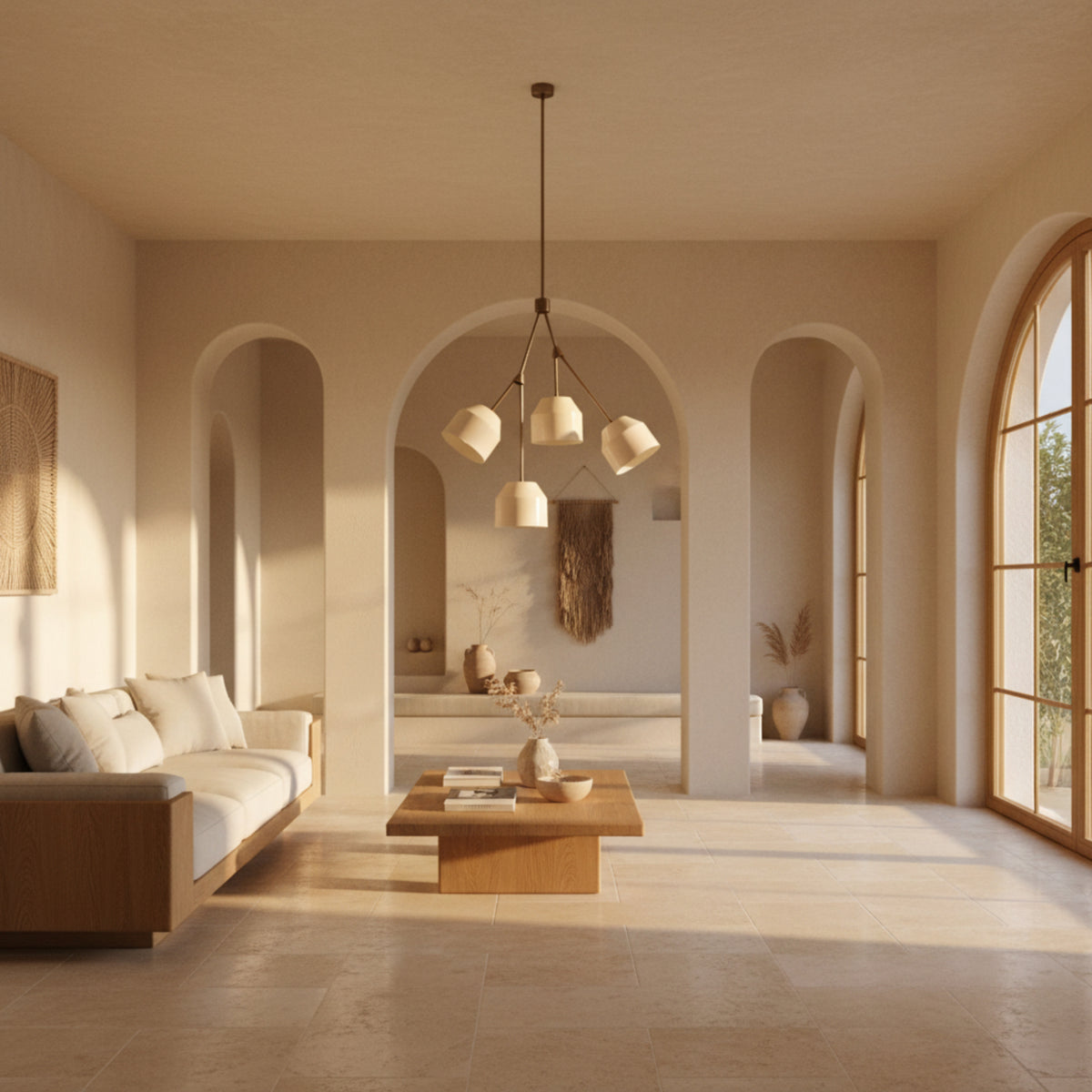 Charleston 4 light chandelier shown from the side highlighting its cream sculpted shades and warm bronze-tone architectural frame.