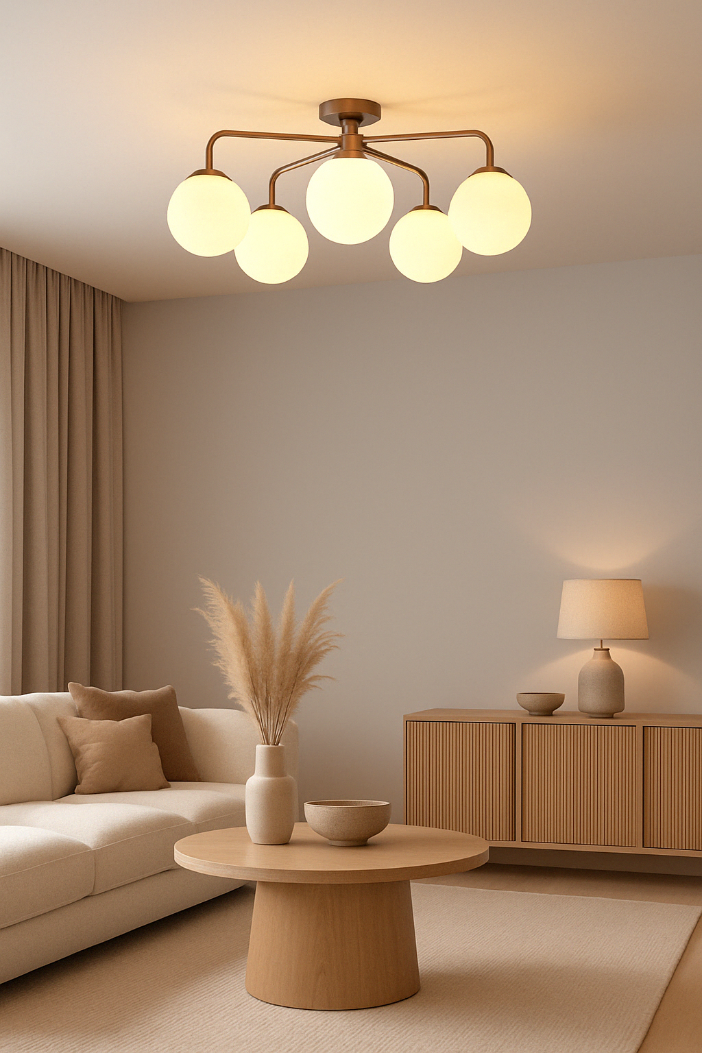 Modern Brass Globe Chandelier – Customizable Flush Mount Ceiling Light |  Mid-Century Fixture | Multiple Finish Options | 6-Light - 32467