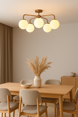 Modern Brass Globe Chandelier – Customizable Flush Mount Ceiling Light |  Mid-Century Fixture | Multiple Finish Options | 6-Light - 32467