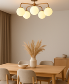 Modern Brass Globe Chandelier – Handmade Flush Mount Ceiling Light with Opal Glass Globes 32467