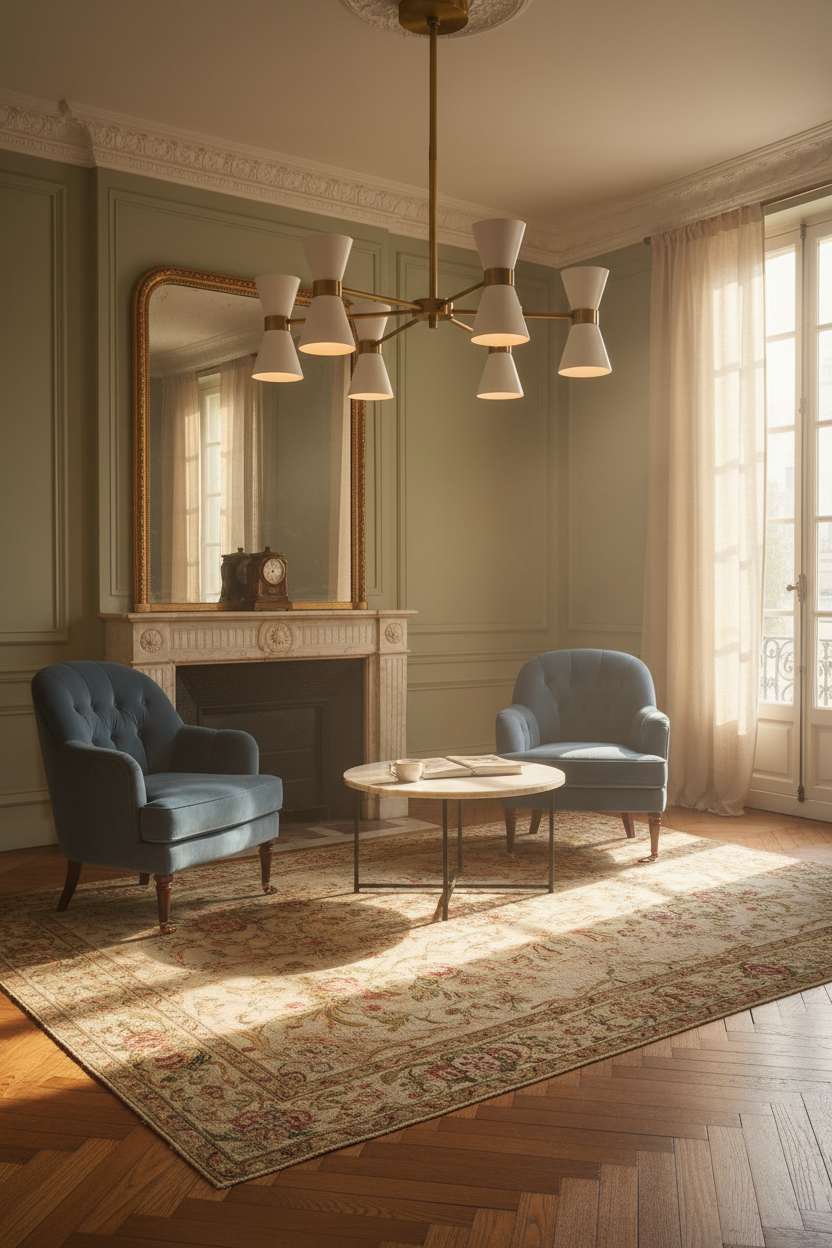 Hudson Diabolo Chandelier – White Shades with Brass Patina