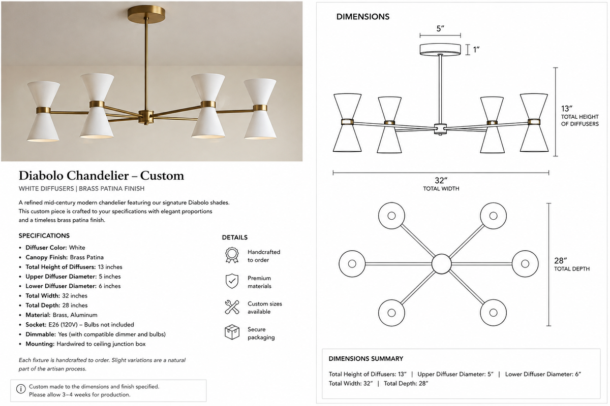 Hudson Diabolo Chandelier – White Shades with Brass Patina
