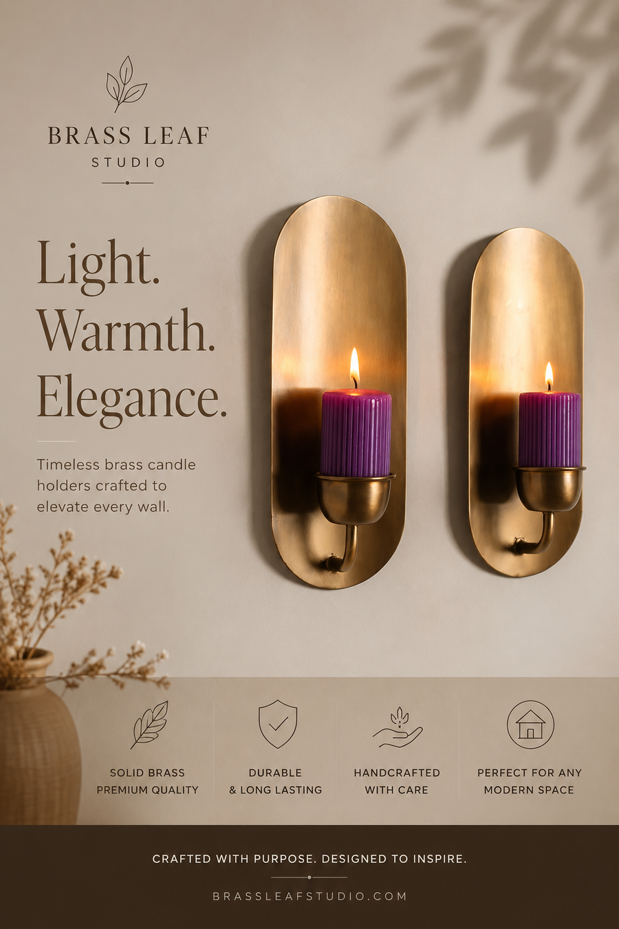 Verona Heritage – Brass Wall Candle Holder – Sculptural Minimal Candle Sconce – 18.5" – Model 32845