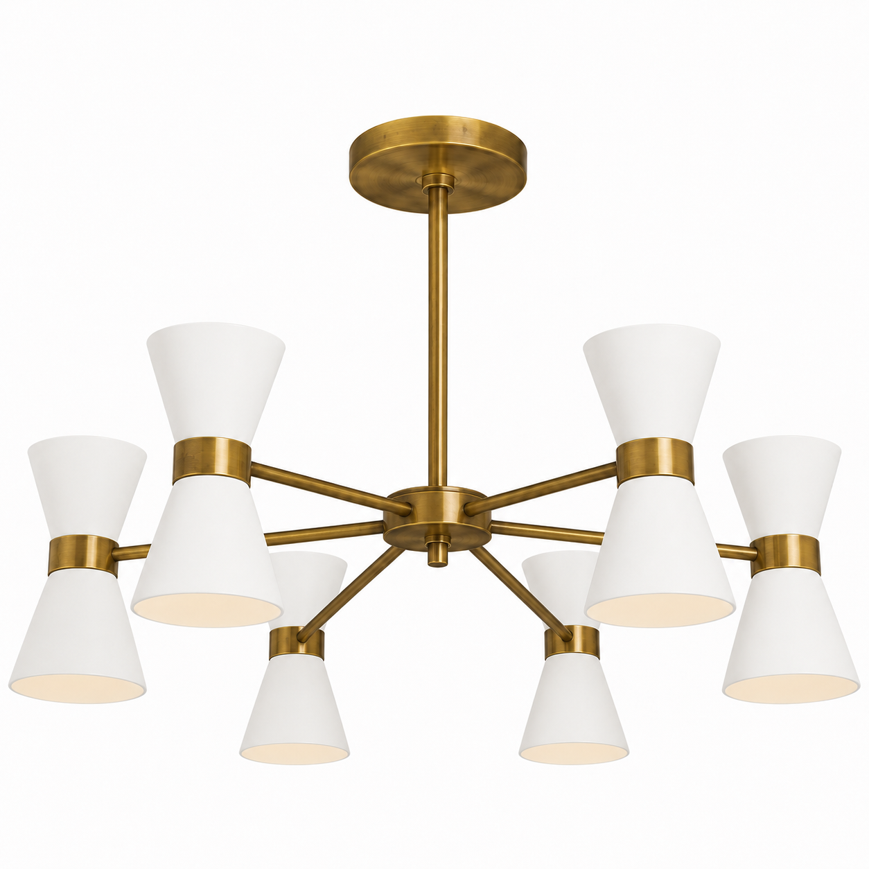 Hudson Diabolo Chandelier – White Shades with Brass Patina