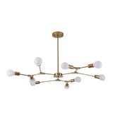 : Angled view of the Chelsea 6 light chandelier with asymmetrical branching arms and exposed globe bulbs.