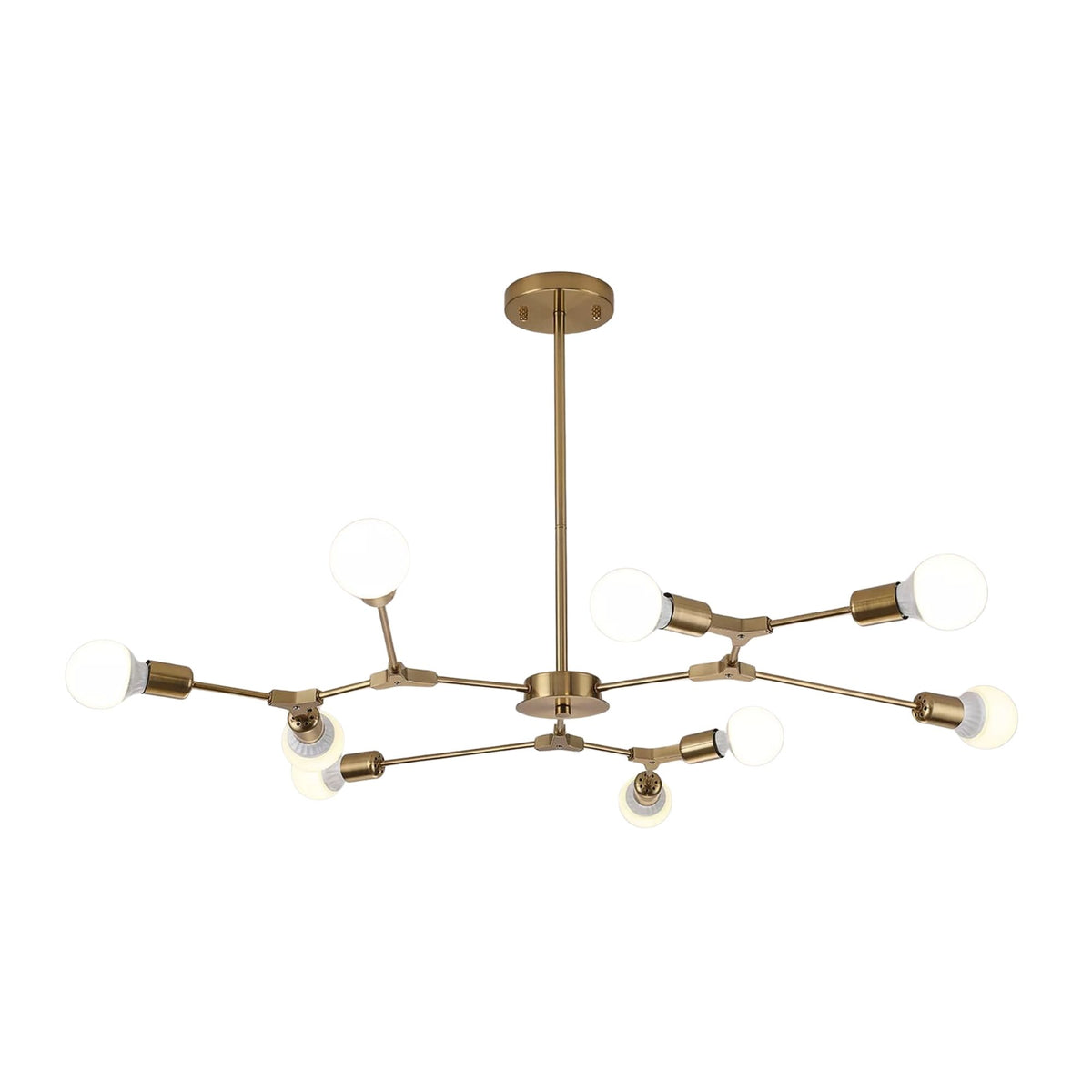 Chelsea 6 light brass-tone branch chandelier shown from the front with articulated arms and globe bulbs.