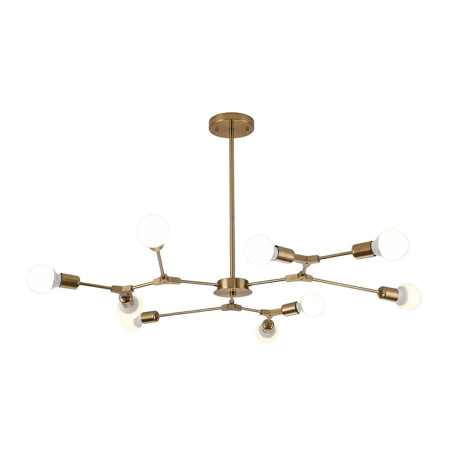 Chelsea 6 light brass-tone branching chandelier illuminated with globe bulbs in a sculptural Mid-Century Modern design.