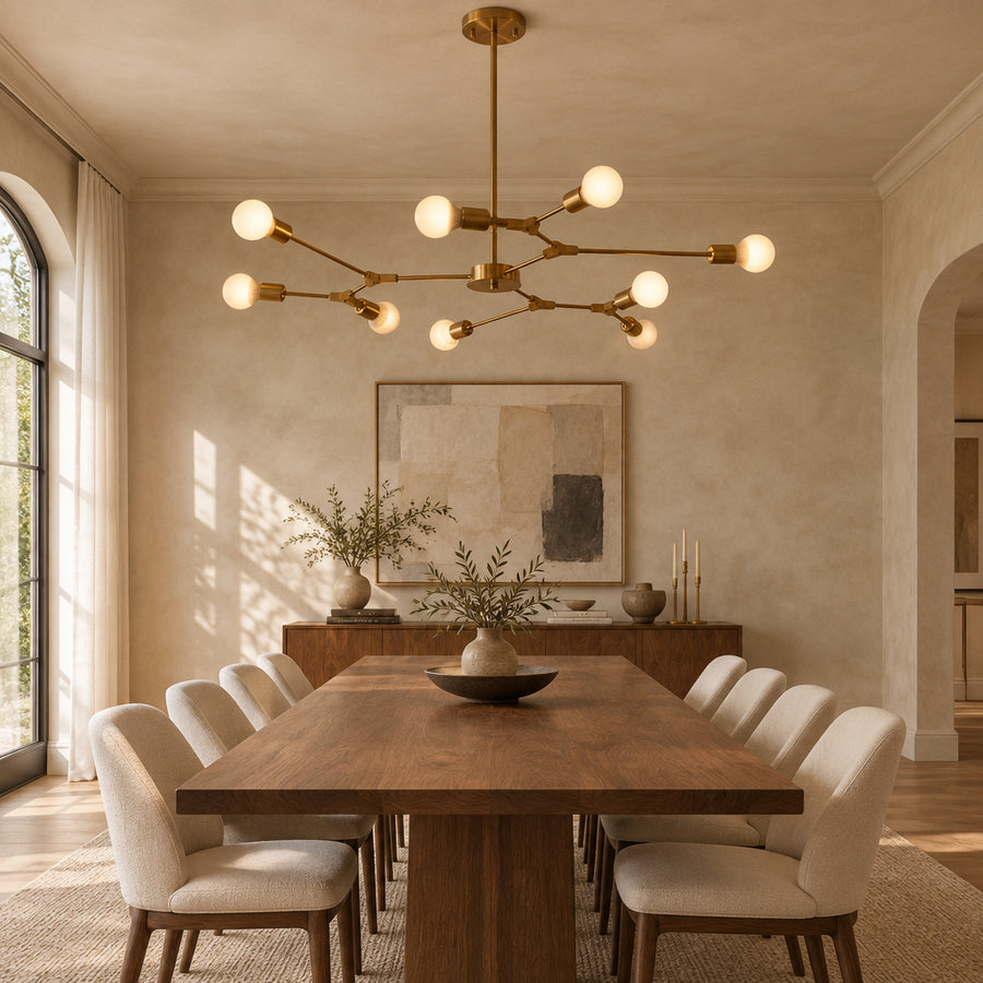 Chelsea 6 light brass-tone branching chandelier illuminated with globe bulbs in a sculptural Mid-Century Modern design.